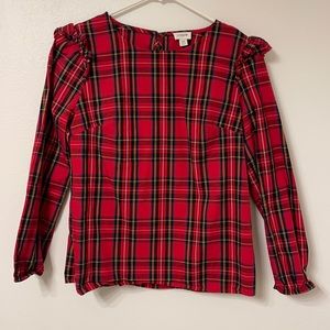 NWOT Jcrew red tartan plaid ruffle long sleeve blouse size XS